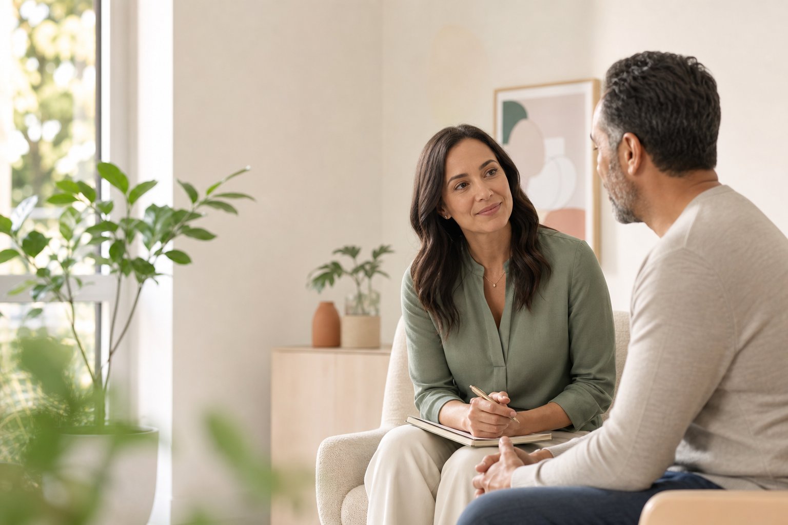 A clinician listening with care to a patient in a calm clinic